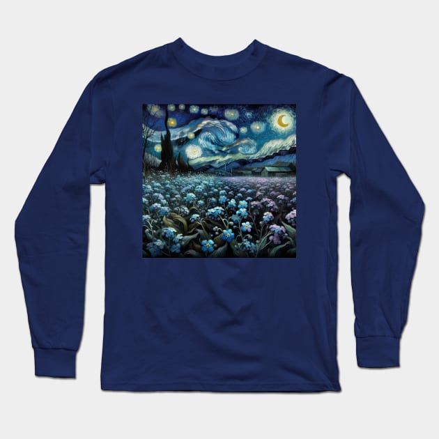 Enchanted Flower Garden Night: Forget-Me-Not Starry Floral Long Sleeve T-Shirt by Edd Paint Something